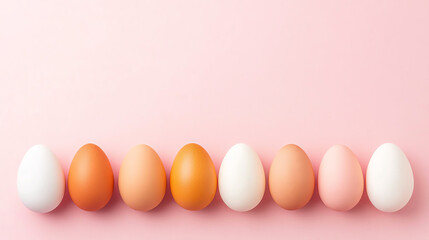 A minimalist arrangement of different colored eggs aligned in a row on a soft pastel pink background Symmetrically composed for a clean and aesthetically pleasing visual