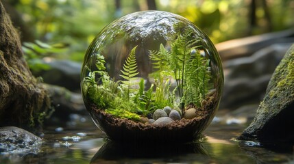Glass sphere showcasing vegetation emerging from the earth in a woodland setting symbolizing nature and growth