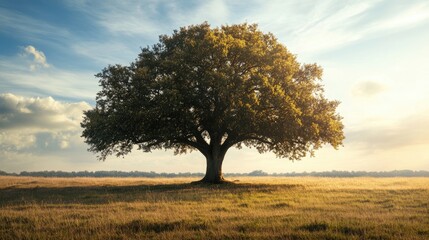 Obraz premium Imposing tree situated in an open field with a natural backdrop