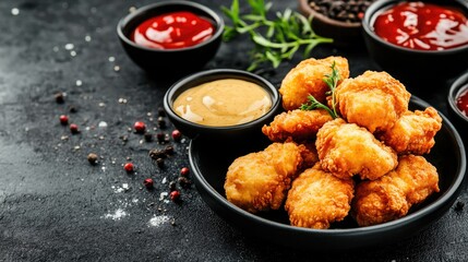 Crispy fried chicken nuggets served with a variety of popular sauces on a dark background