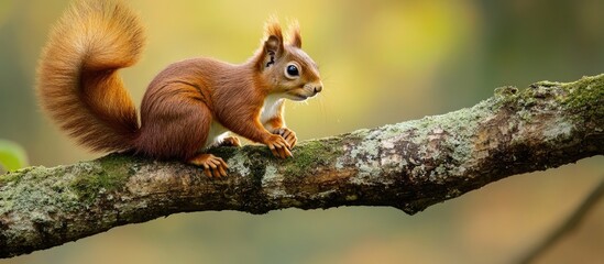 Fototapeta premium Red Squirrel Sciurus Vulgaris Sitting On Tree Branch
