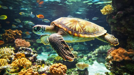 Majestic Sea Turtle Swimming Among Colorful Coral and Fish in Crystal Clear Waters - Ultra-Detailed Underwater Portrait of Marine Beauty