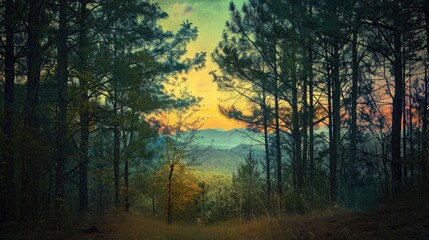 Obraz premium Sunset On The Mountain Through The Trees