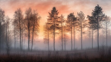 Obraz premium Misty trees in a tranquil forest at sunrise Landscape photography