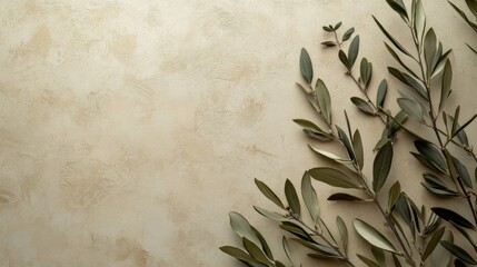 Wild olive branches on a neutral backdrop with ample space for text