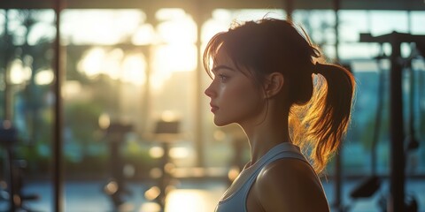 Woman in profile, backlit by sun.