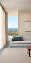 Obraz premium Modern living room with ocean view featuring neutral tones and natural light