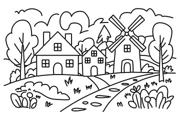 Naklejka premium A black and white drawing of a house with a house in the background
