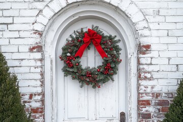 New England Christmas wreath and garland with red ribbon adorning a white arched doorway against a brick wall.