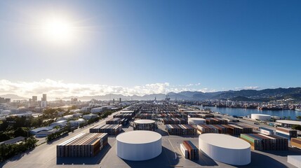Aerial view of a sprawling logistics network at a bustling port, shipping containers organized in rows, vibrant colors, clear blue sky, modern infrastructure