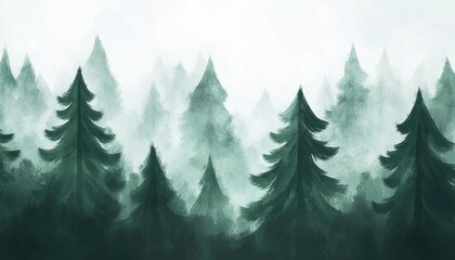 Fototapeta premium Misty Forest with Tall Evergreen Trees - Serene Nature Scenery, Watercolor Painting