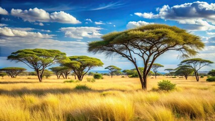 Obraz premium African bushland with acacia trees and grasses swaying in wind, savannah, bush