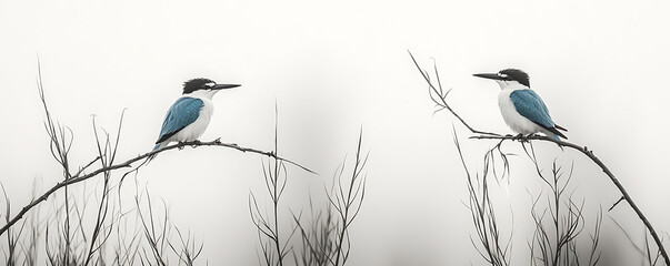 A minimalist illustration of two kingfishers perched on a branch, rendered in monochrome with striking blue accents, conveying simplicity and elegance in nature-inspired art.