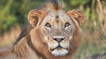 Obraz premium Majestic Lion's Close-Up Portrait Capturing Intense Gaze and Intricate Mane Details