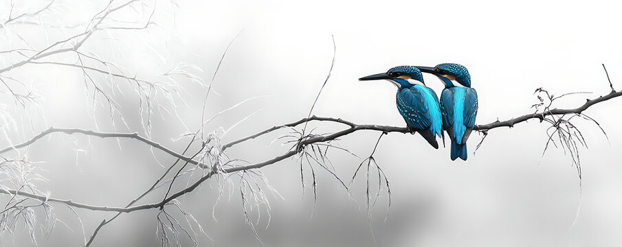 A minimalist illustration of two kingfishers perched on a branch, rendered in monochrome with striking blue accents, conveying simplicity and elegance in nature-inspired art.