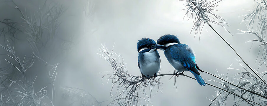 A minimalist illustration of two kingfishers perched on a branch, rendered in monochrome with striking blue accents, conveying simplicity and elegance in nature-inspired art.
