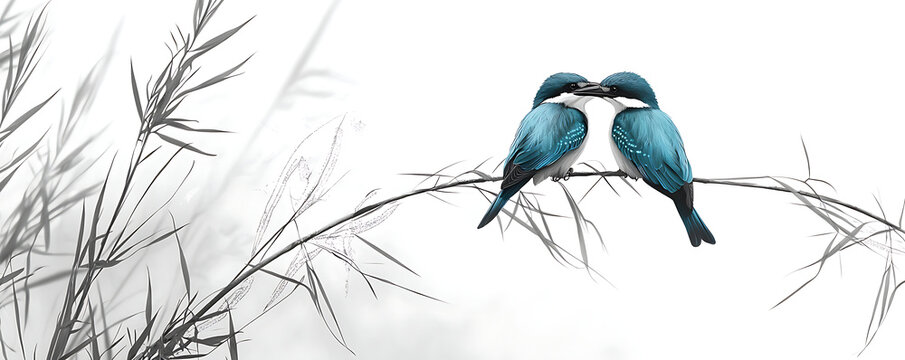 A minimalist illustration of two kingfishers perched on a branch, rendered in monochrome with striking blue accents, conveying simplicity and elegance in nature-inspired art.