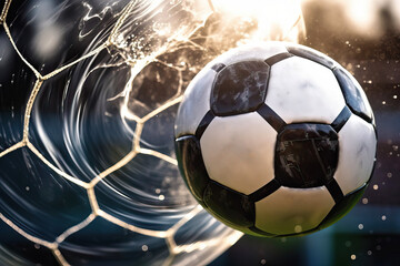 Soccer Ball Resting in Net of Goal Post