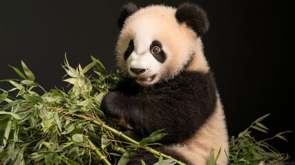 Playful Baby Panda with Bamboo in Lush Greenery - Ultra-Detailed Wildlife Portrait