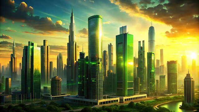 A futuristic cityscape at sunset with a bright green sky and towering skyscrapers, cityscape, futurism, sunset, urban planning, design