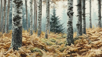 Fototapeta premium Autumn Forest Landscape with Birch Trees and Ferns