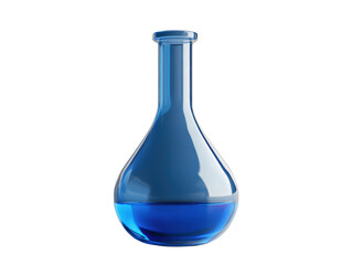 Blue laboratory flask with liquid, white isolated background.