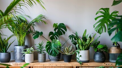 Obraz premium A diverse assortment of indoor houseplants in modern pots arranged on a wooden shelf, perfect for home decor inspiration.