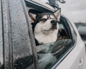 Siberian husky looks out of the window of white car © Cavan
