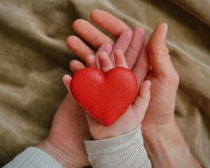 Heartshaped macaroon in hands of kid, mom and dad