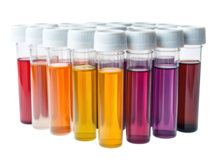 Colorful test tubes arranged in a row on a white isolate background.
