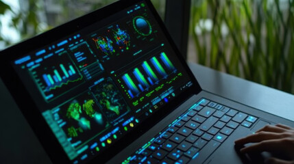 close up of laptop displaying vibrant dashboard with various data visualizations, graphs, and metrics, showcasing technology and analytics in modern workspace
