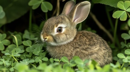 Fototapeta premium Enchanting Close-Up Portrait of Baby Rabbit in Clover Patch, Capturing the Charm of Spring