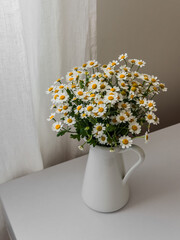 A bouquet of white daisies in an enameled jug on a white table in the living room