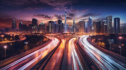 Obraz premium Cityscape at Dusk with Highway Lights