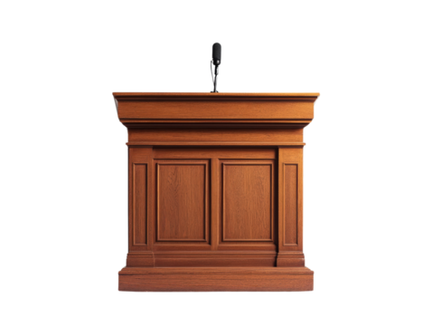 Wooden podium with microphone, white isolated background