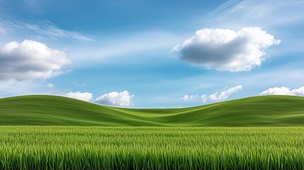 Obraz premium Expansive green hills with layers of meadowland, shadows creating depth, clouds passing over a blue sky, vivid lighting, smooth colors, timeless feel