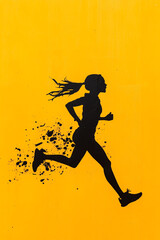 Dynamic silhouette of a runner in motion against a vibrant yellow background capturing the essence of speed energy and athleticism in a striking visual composition
