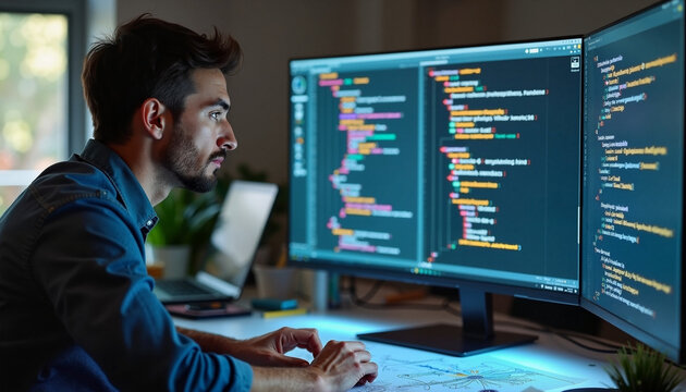 Focused programmer coding in a dimly lit workspace with dual monitors displaying complex code at night