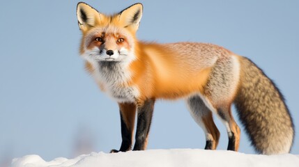Fototapeta premium Majestic Red Fox in Snowy Landscape, Captivating Wildlife Portrait with Intense Eyes and Vibrant Fur, Ultra-Detailed Nature Photography