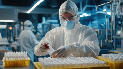 Medical technologist in protective gear conducting laboratory tests on standard scale samples