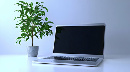 Fototapeta premium 3D Plain Background with Plant and Open Laptop Concept - Inviting Image of Small Plant and Open Laptop on Minimalist Background for Work from Home Atmosphere with Growth Symbolism and Soft Lighting