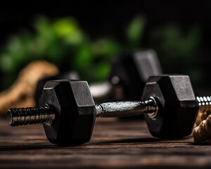 Exploring the power dynamics a close-up perspective on a dumbbell symbolizing strength and fitness in a natural setting