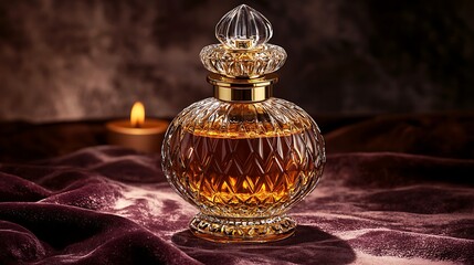 Elegant Glass Perfume Bottle on Velvet Fabric with Candlelight