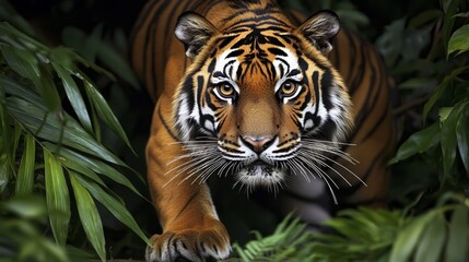 Majestic Tiger Prowling Through Dense Jungle Foliage - Intense Eyes and Vibrant Fur Patterns Capturing the Beauty of the Wild
