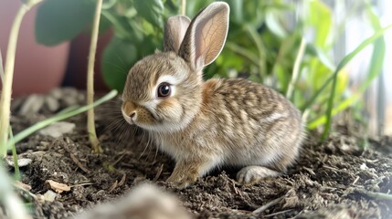 Fototapeta premium Enchanting Spring Bunny: Adorable Baby Rabbit Exploring Garden with Soft Fur and Bright Eyes - Ultra-Detailed Portrait Photography