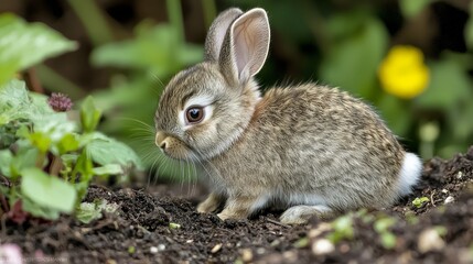 Fototapeta premium Spring Bunny Delight: Adorable Baby Rabbit Exploring Garden in Detailed Portrait