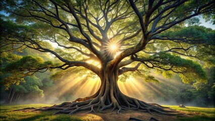 Fototapeta premium A majestic tree with gnarled branches and roots stretching out like tentacles, surrounded by a halo of soft, ethereal light., symbolism, tree of life, forest, mystical, nature