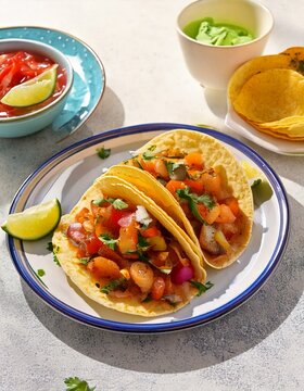 Tacos de camaron en platos de talavera comida mexicana con luz dura