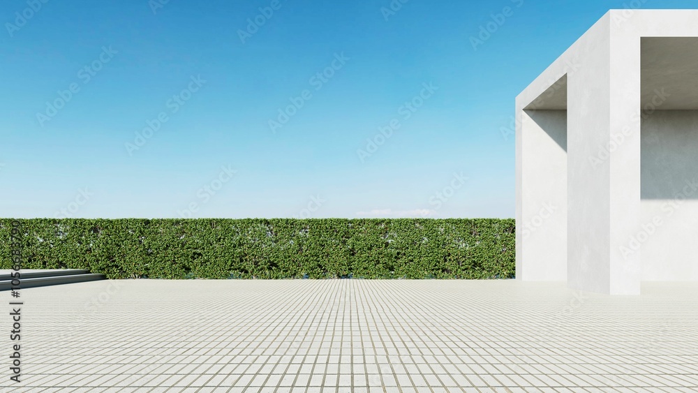 Aufkleber 3d render of abstract modern concrete white architecture with empty cement floor, minimal exterior, 