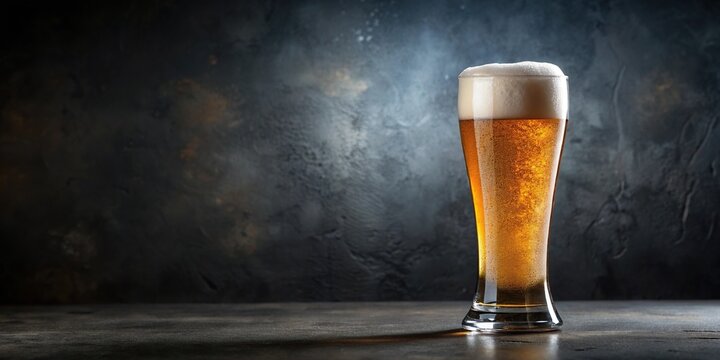 A pilsner beer glass with a frothy head, sitting on a dark-colored background, glow, drink, creamy, ale, clear
